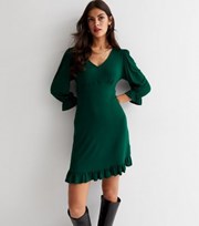 New Look Dark Green Plain Long Sleeve Ruffle Hem Mini Dress